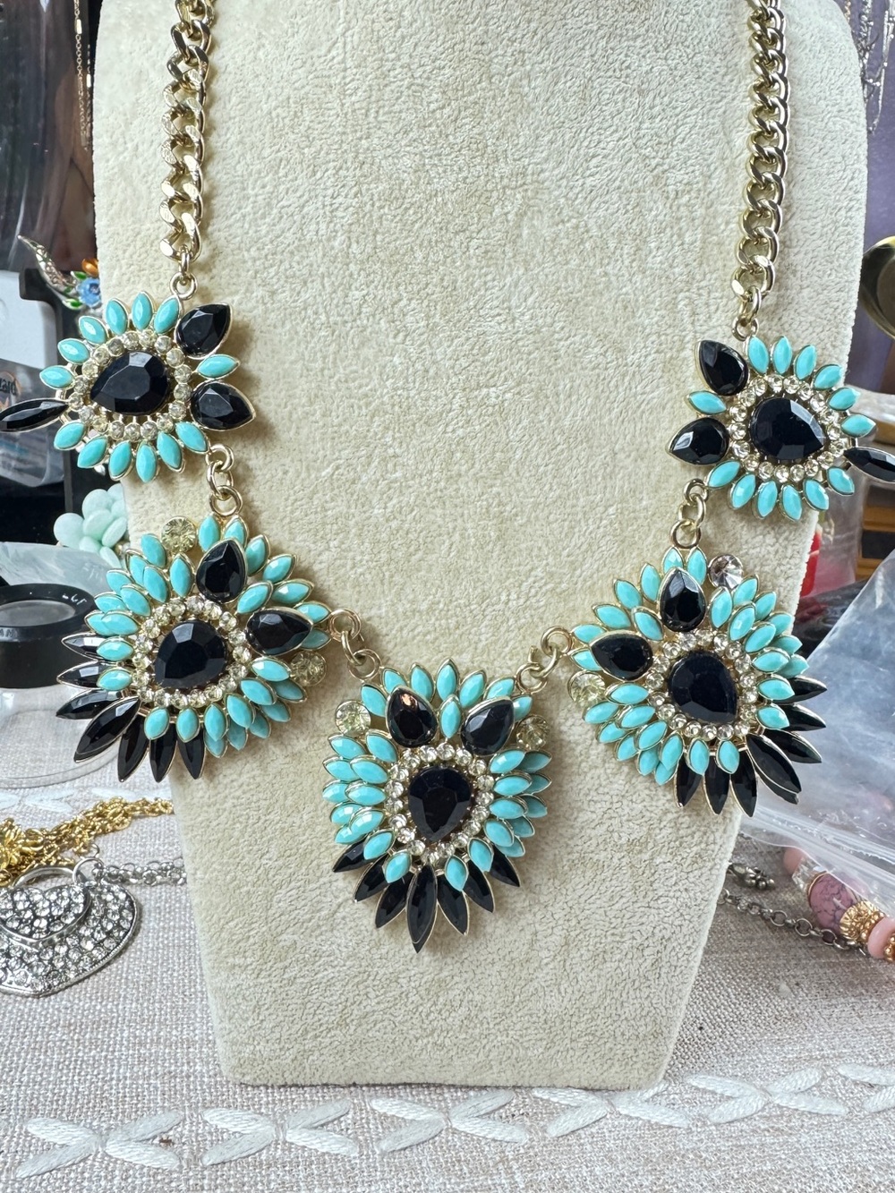 Turquoise and Black Statement Necklace - Gold-Tone Sunburst Design